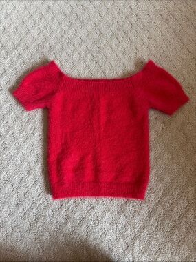 Kendall & Kylie Red Fuzzy Off-Shoulder Women's Sweater